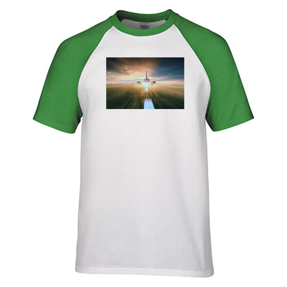 Airplane Flying Over Runway Designed Raglan T-Shirts