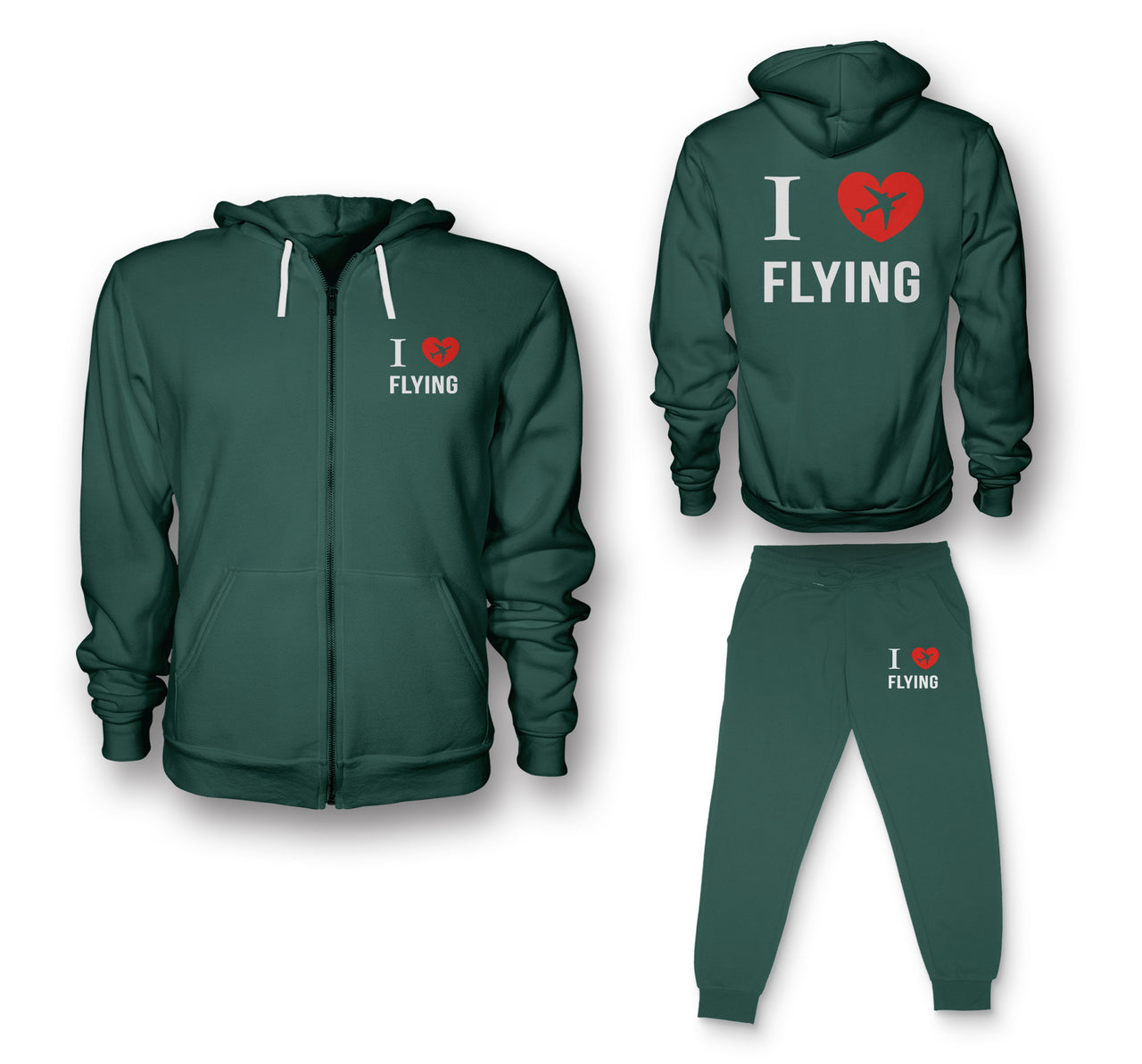 I Love Flying Designed Zipped Hoodies & Sweatpants Set