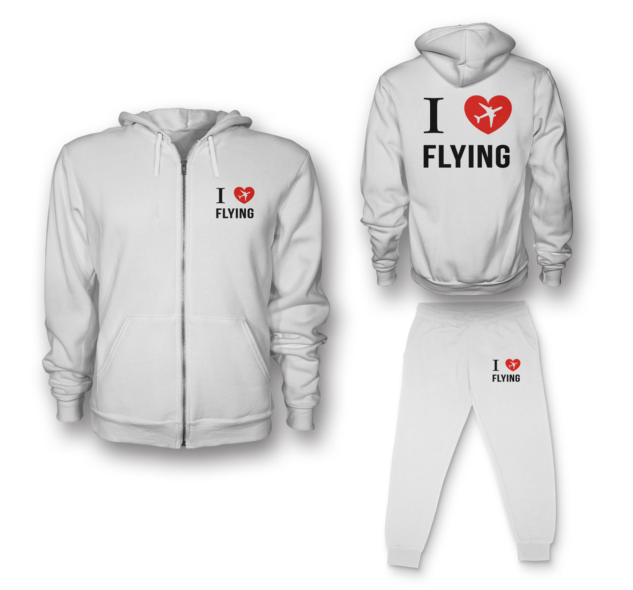 I Love Flying Designed Zipped Hoodies & Sweatpants Set