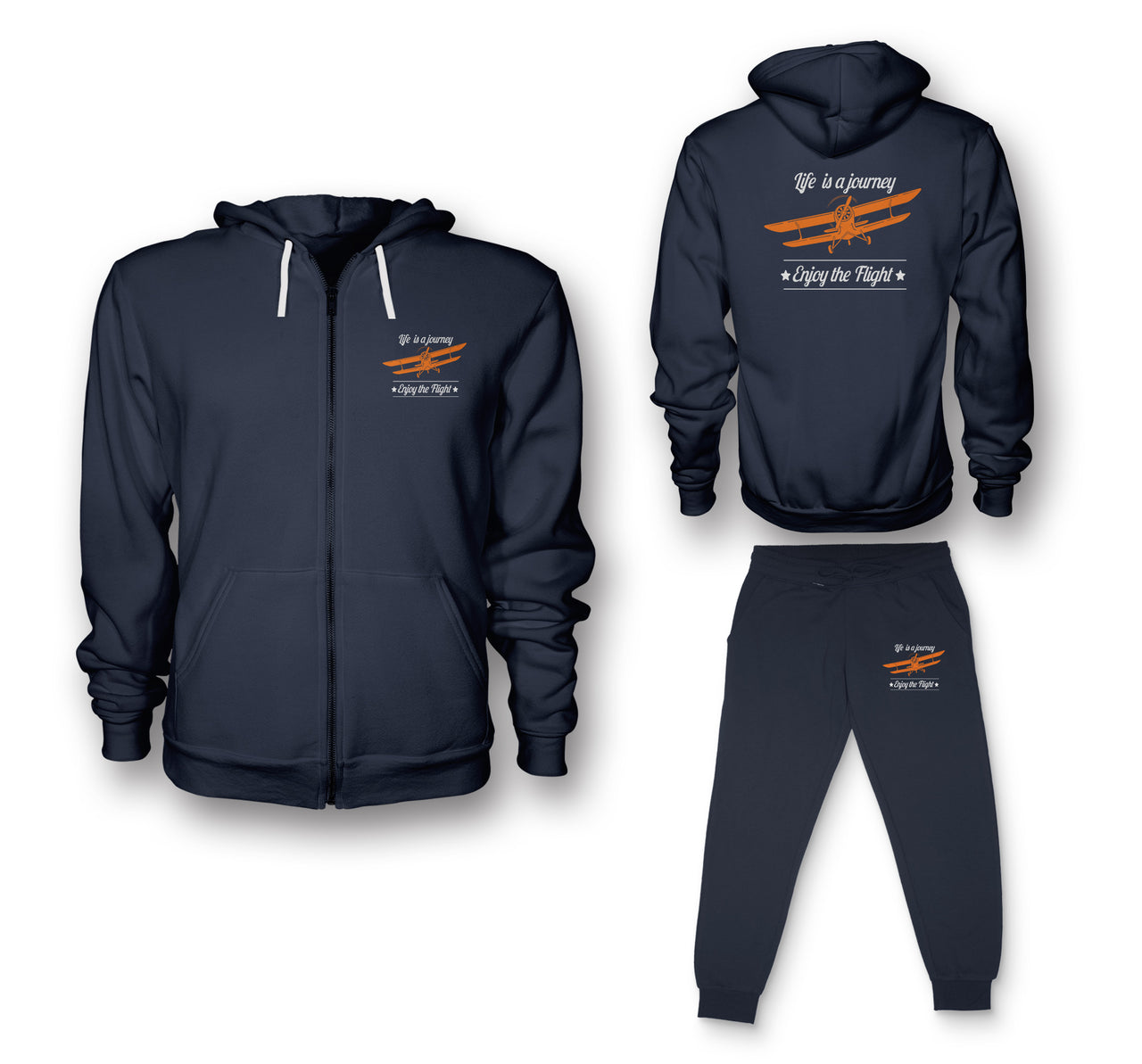 Life is a journey Enjoy the Flight Designed Zipped Hoodies & Sweatpants Set