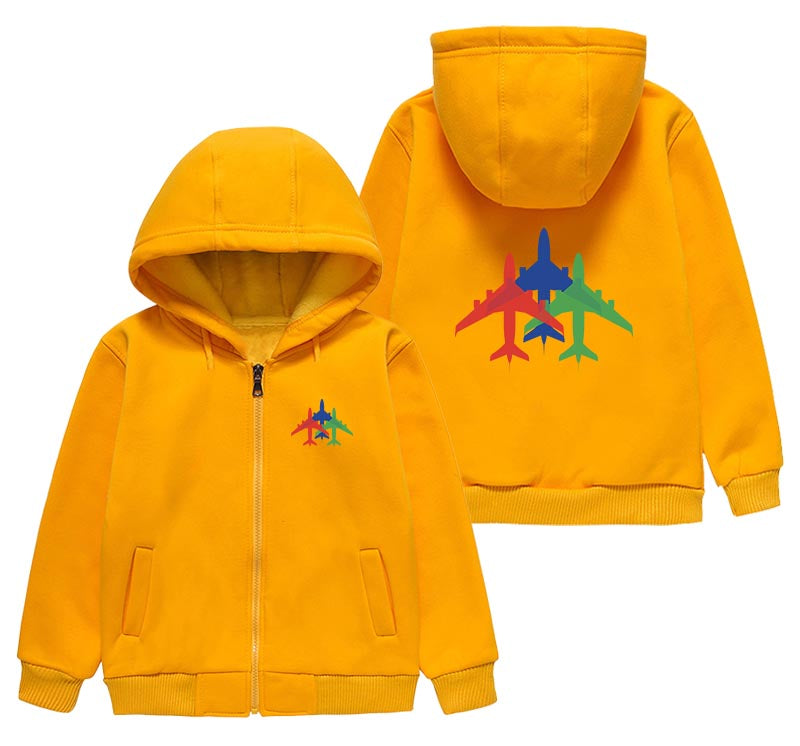 Colourful 3 Airplanes Designed "CHILDREN" Zipped Hoodies