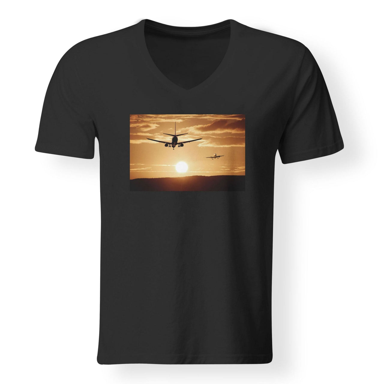 Two Aeroplanes During Sunset Designed V-Neck T-Shirts