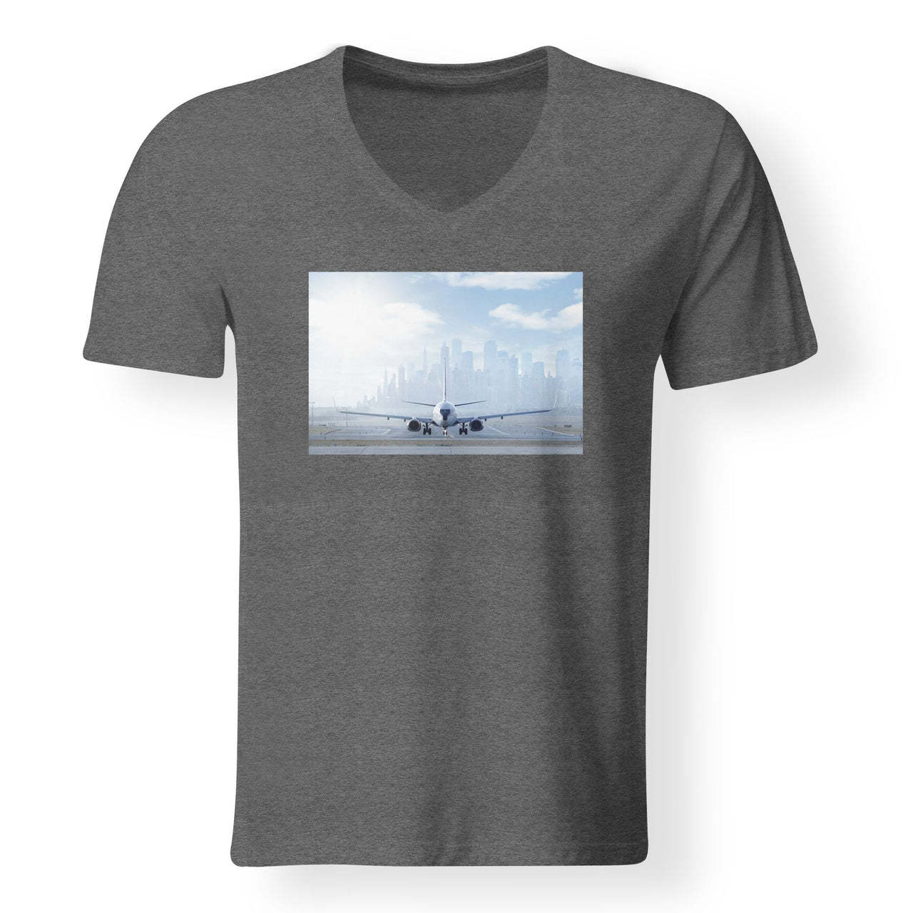 Boeing 737 & City View Behind Designed V-Neck T-Shirts