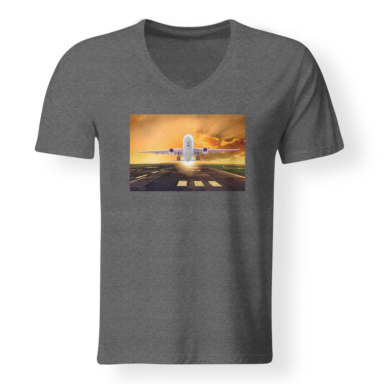 Amazing Departing Aircraft Sunset & Clouds Behind Designed V-Neck T-Shirts