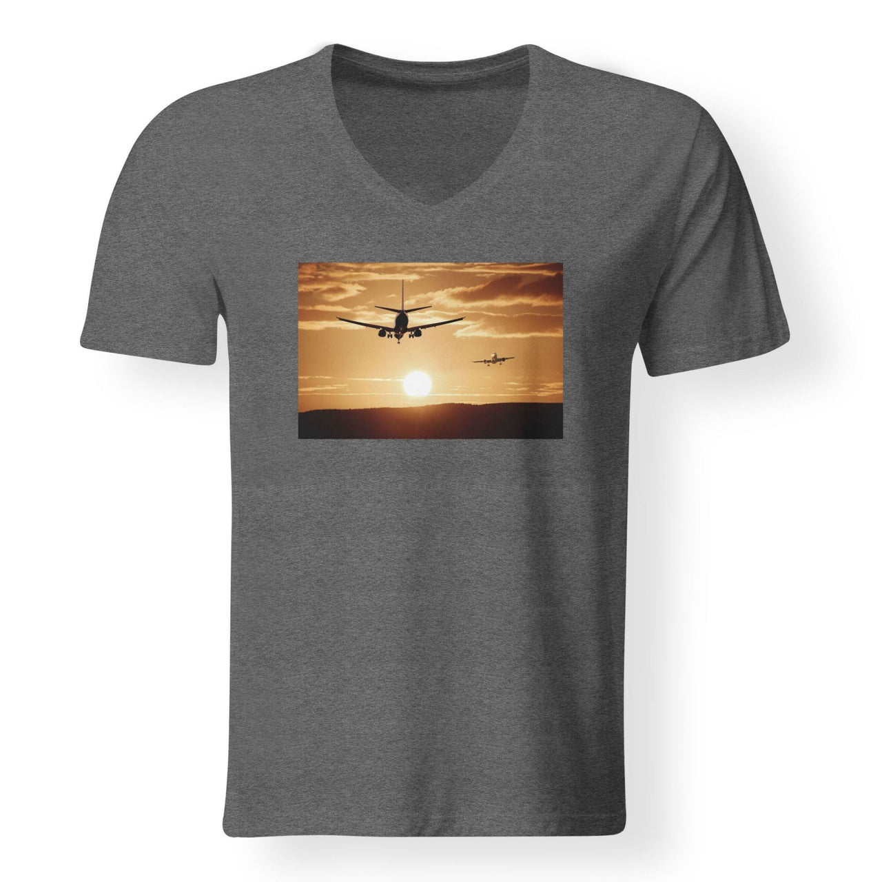 Two Aeroplanes During Sunset Designed V-Neck T-Shirts