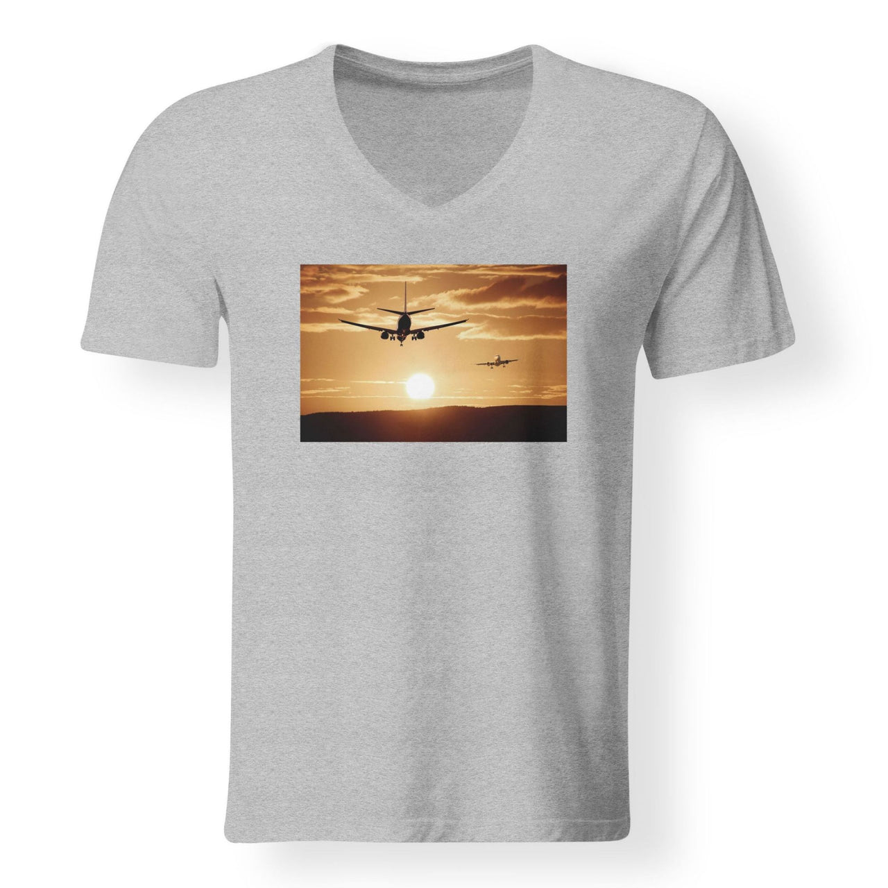 Two Aeroplanes During Sunset Designed V-Neck T-Shirts