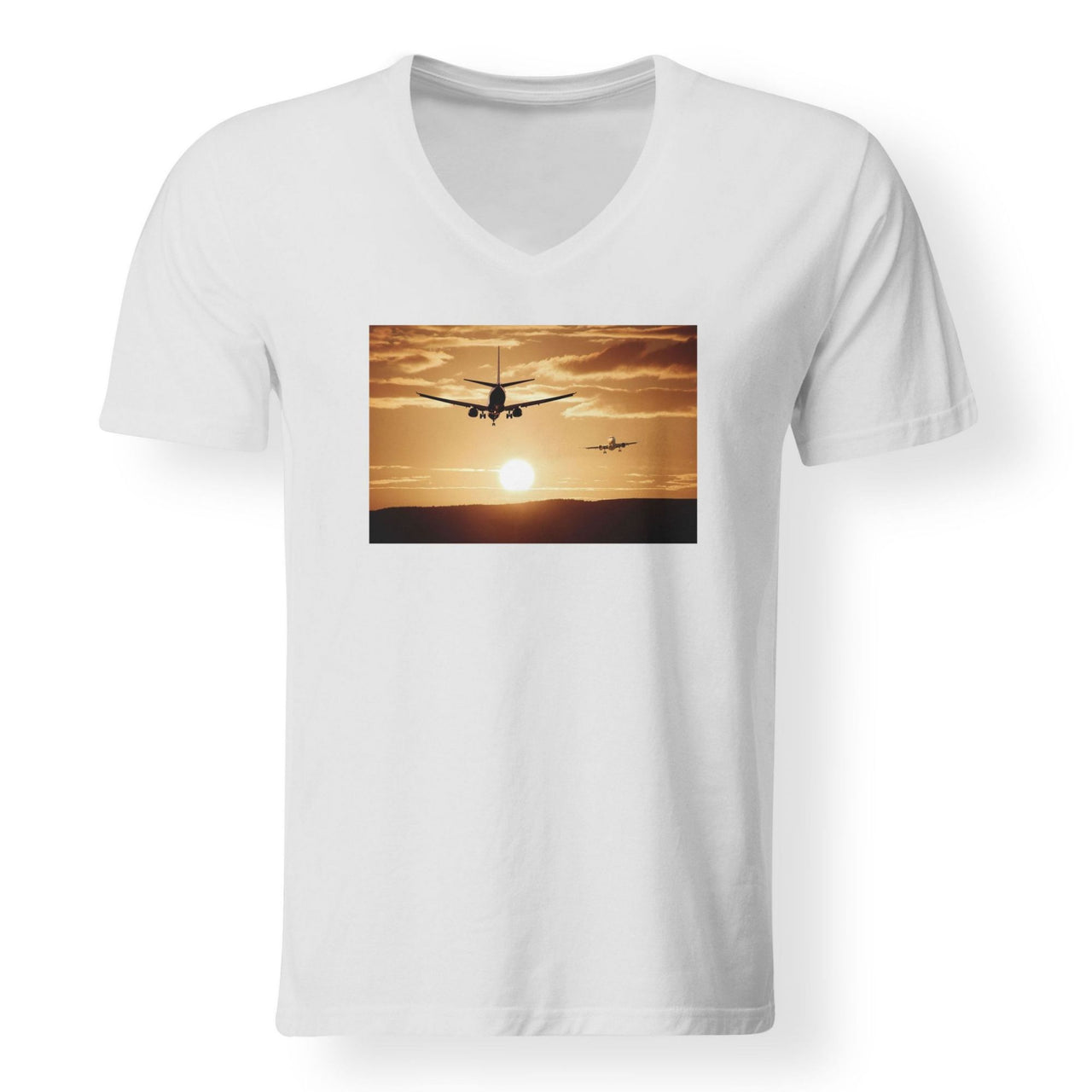 Two Aeroplanes During Sunset Designed V-Neck T-Shirts