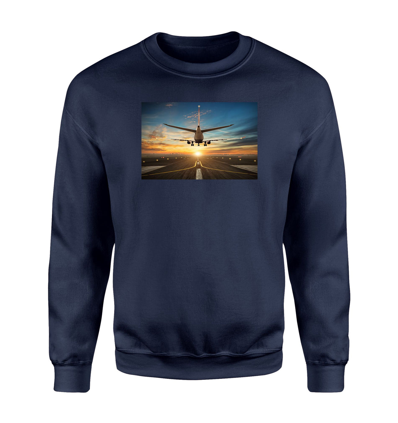 Airplane over Runway Towards the Sunrise Designed Sweatshirts