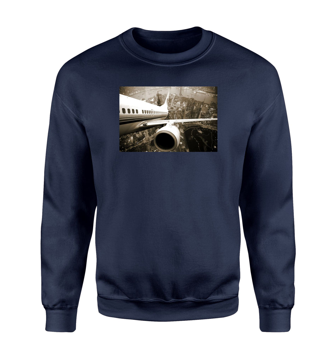 Departing Aircraft & City Scene behind Designed Sweatshirts