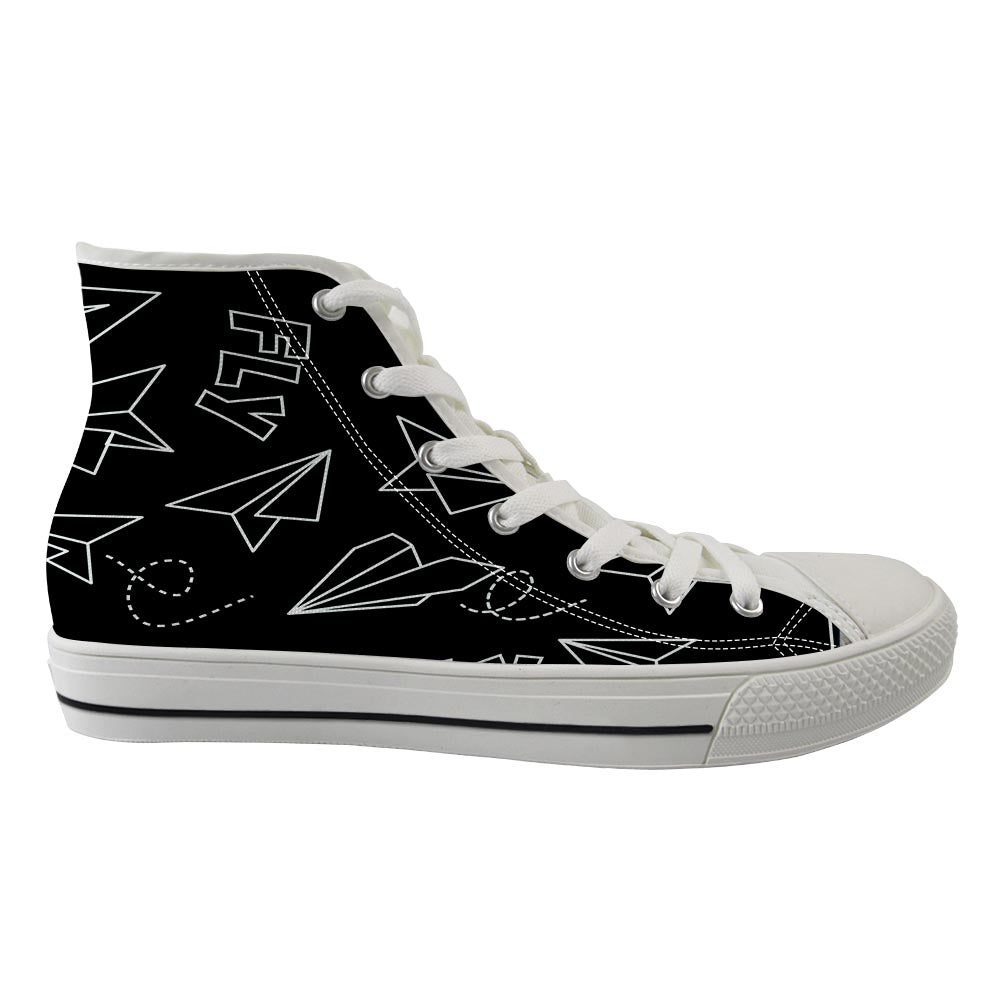 Paper Airplane & Fly Black Designed Long Canvas Shoes (Men)