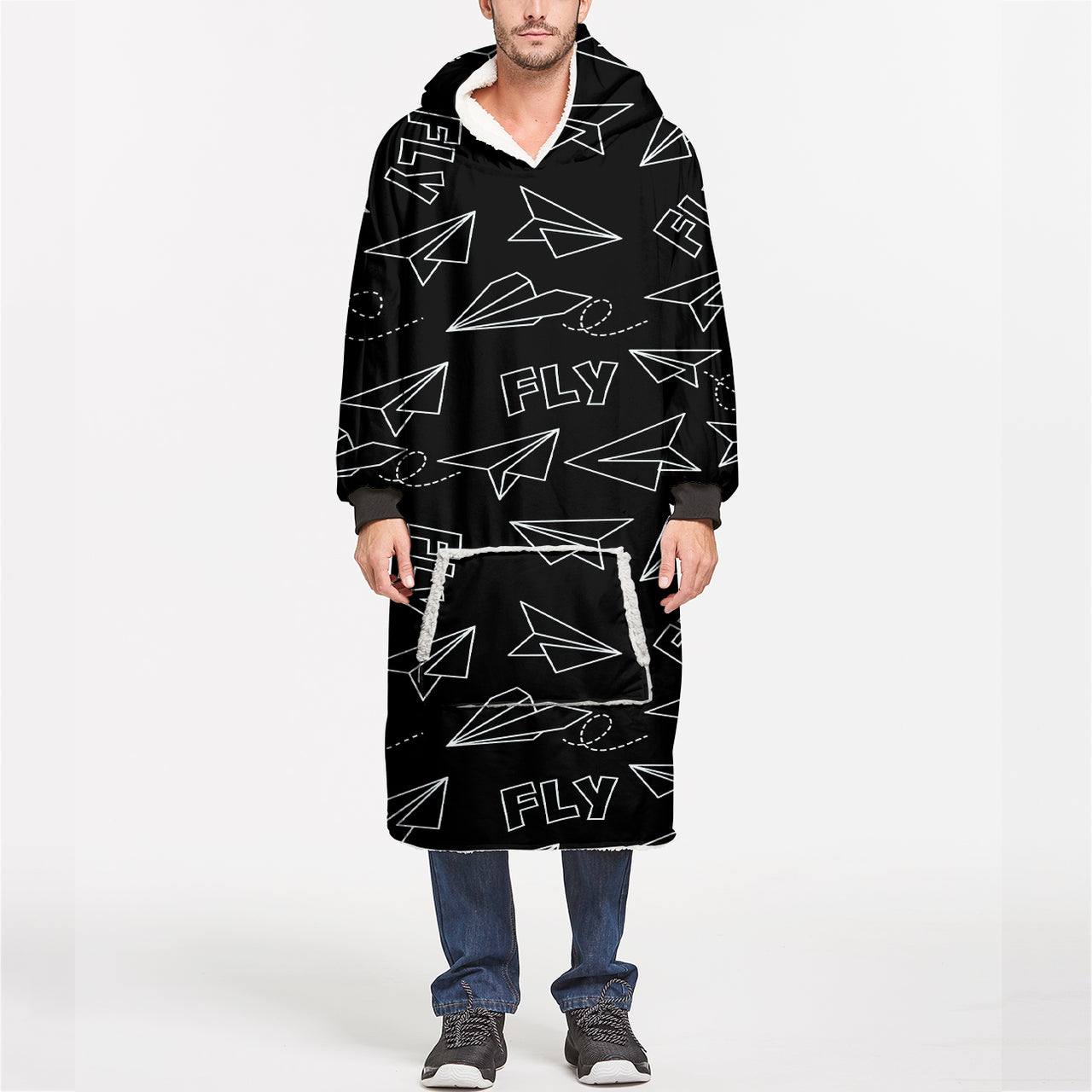 Paper Airplane & Fly Black Designed Blanket Hoodies