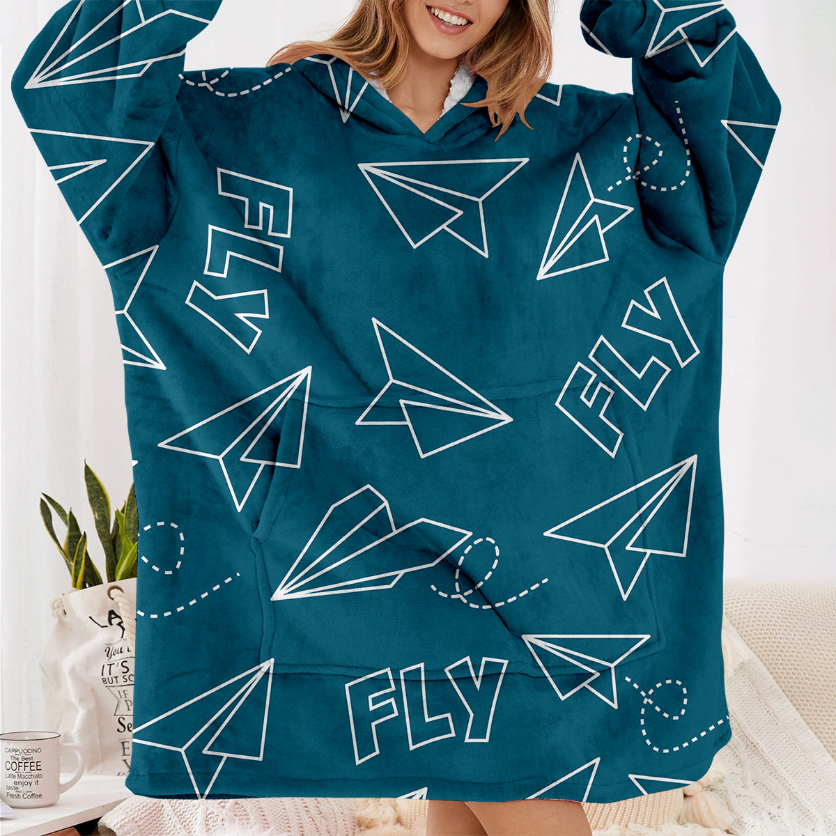 Paper Airplane & Fly Green Designed Blanket Hoodies