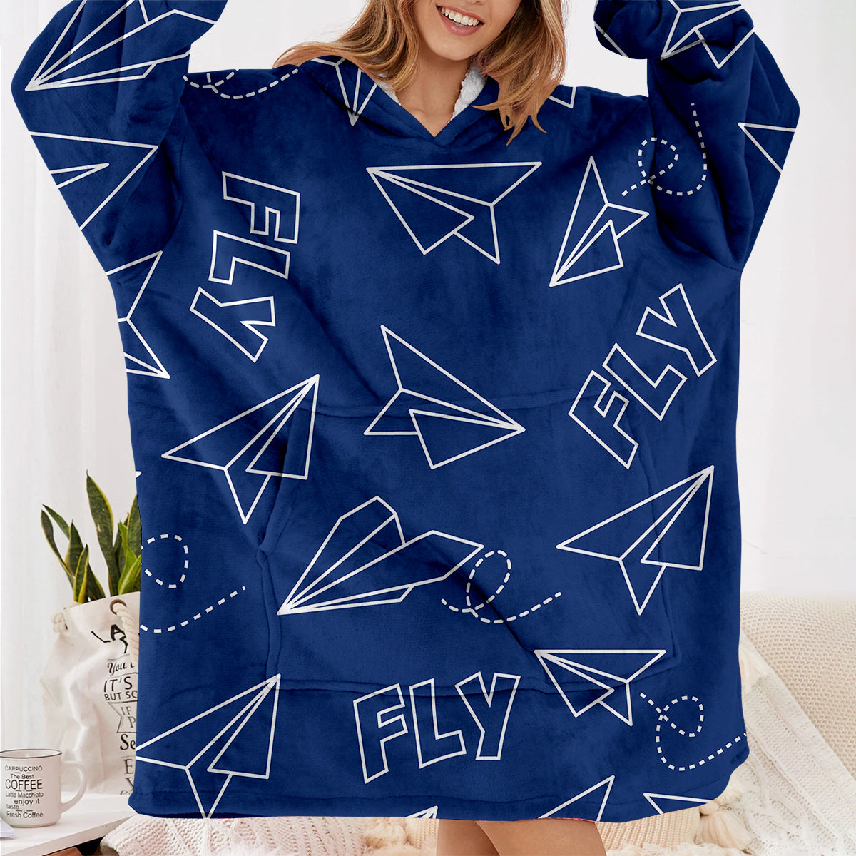 Paper Airplane & Fly (Blue) Designed Blanket Hoodies