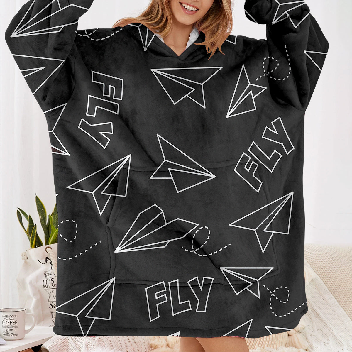 Paper Airplane & Fly (Gray) Designed Blanket Hoodies