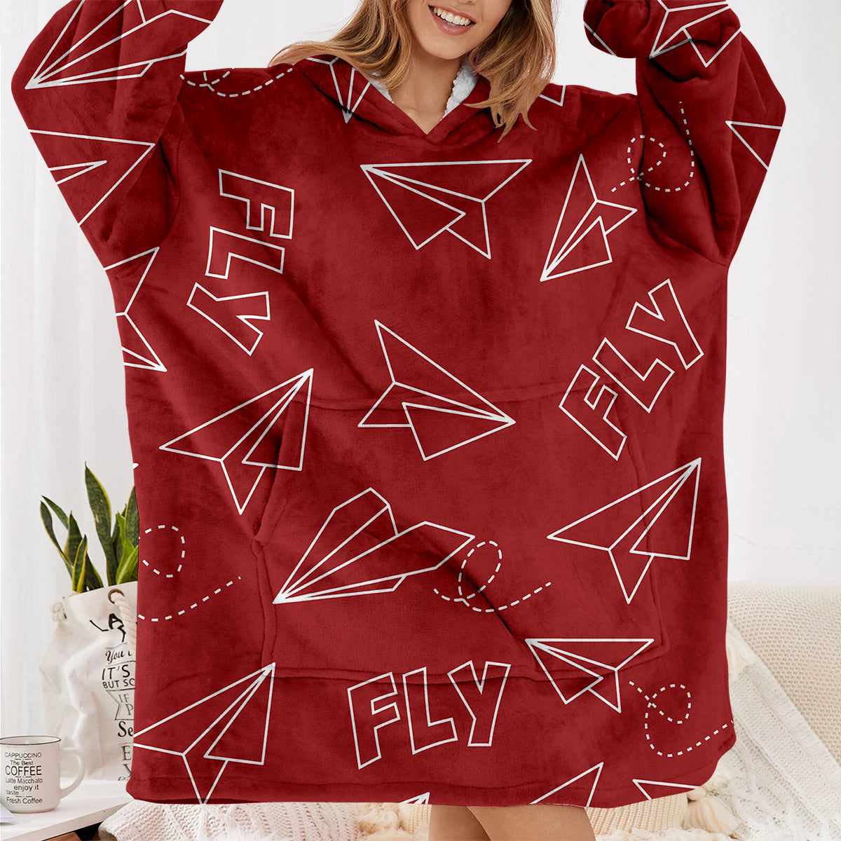 Paper Airplane & Fly (Red) Designed Blanket Hoodies