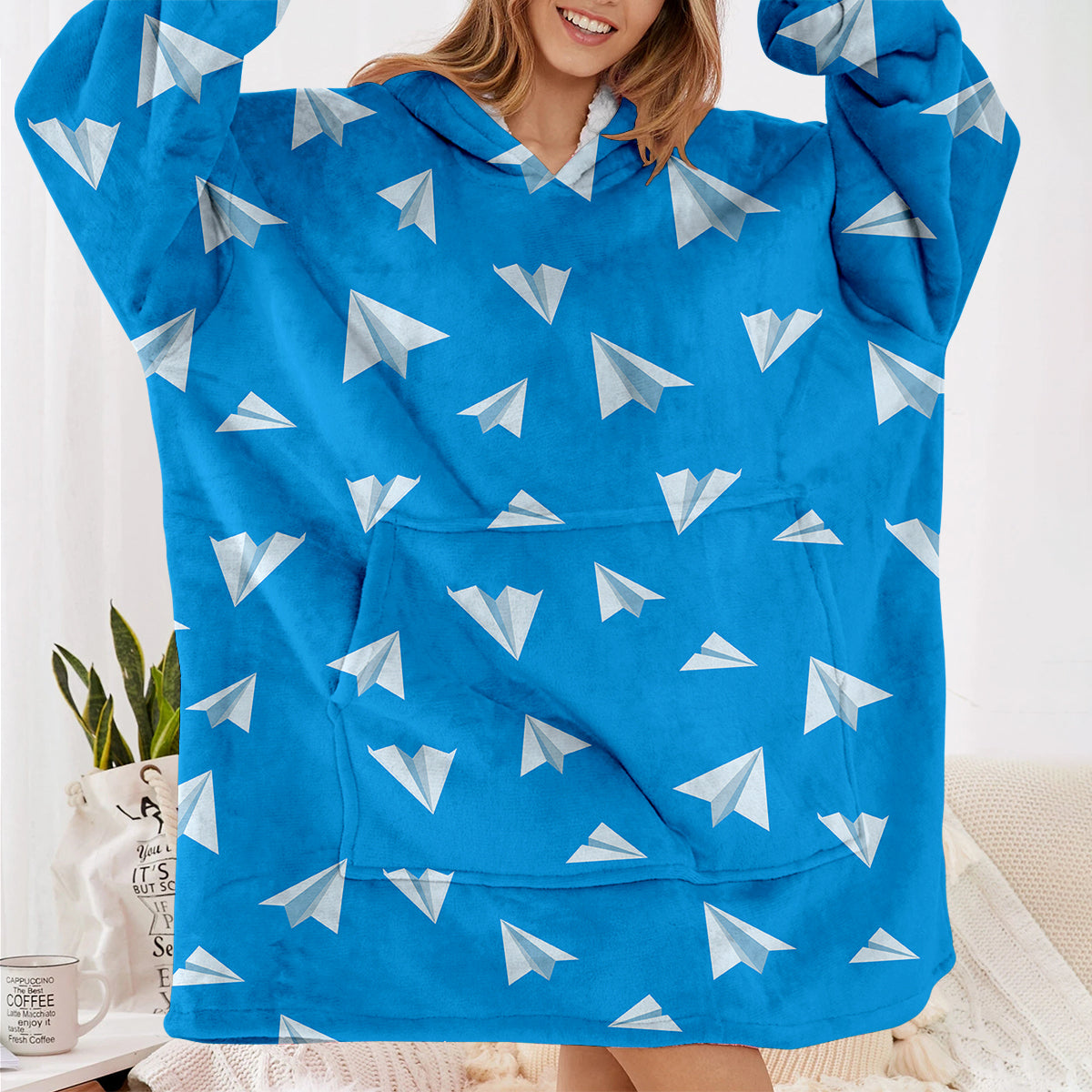 Paper Airplanes (Blue) Designed Blanket Hoodies