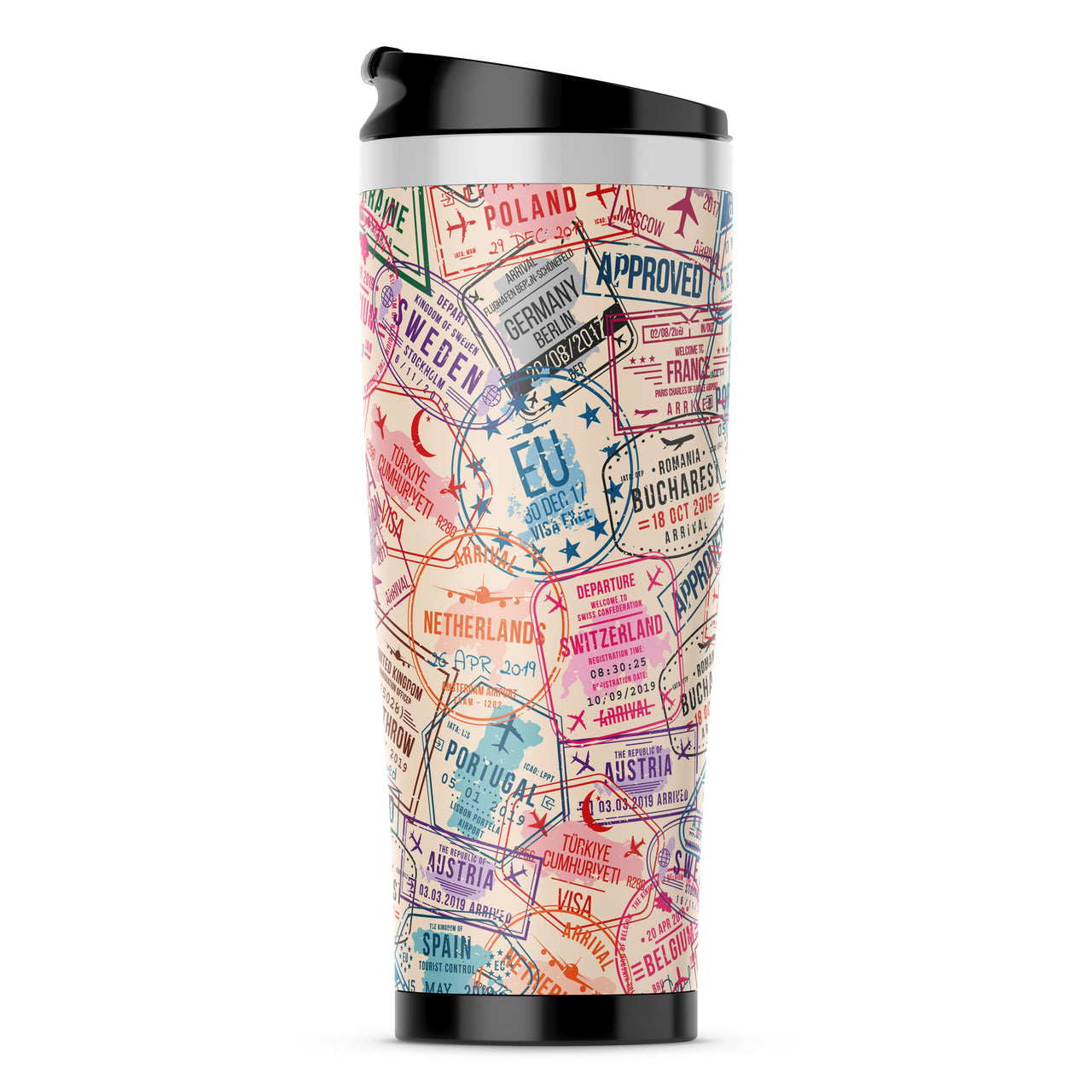 Passport Stamps Designed Travel Mugs