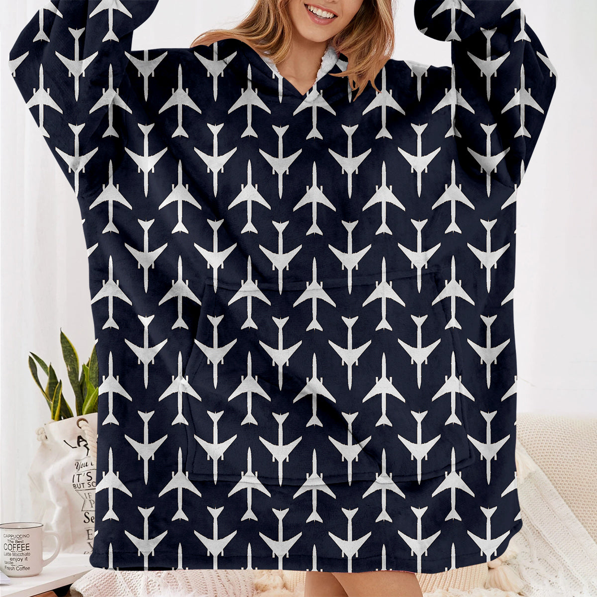 Perfectly Sized Seamless Airplanes Dark Blue Designed Blanket Hoodies