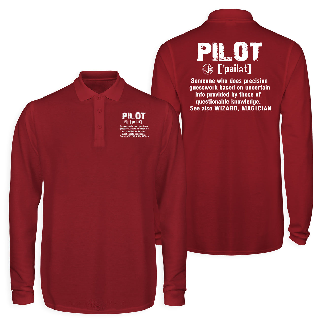 Pilot [Noun] Designed Long Sleeve Polo T-Shirts (Double-Side)