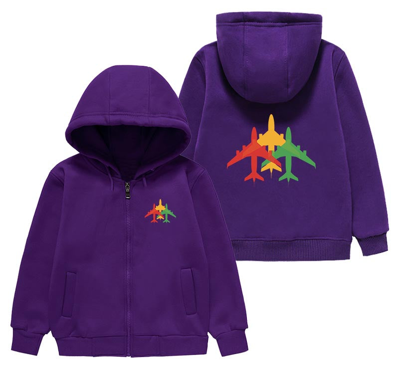 Colourful 3 Airplanes Designed "CHILDREN" Zipped Hoodies