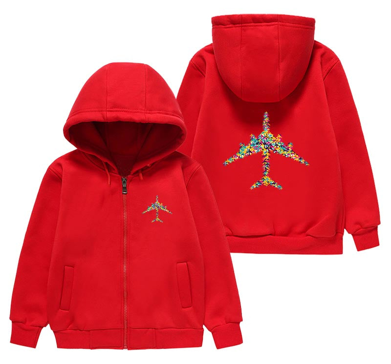 Colourful Airplane Designed "CHILDREN" Zipped Hoodies