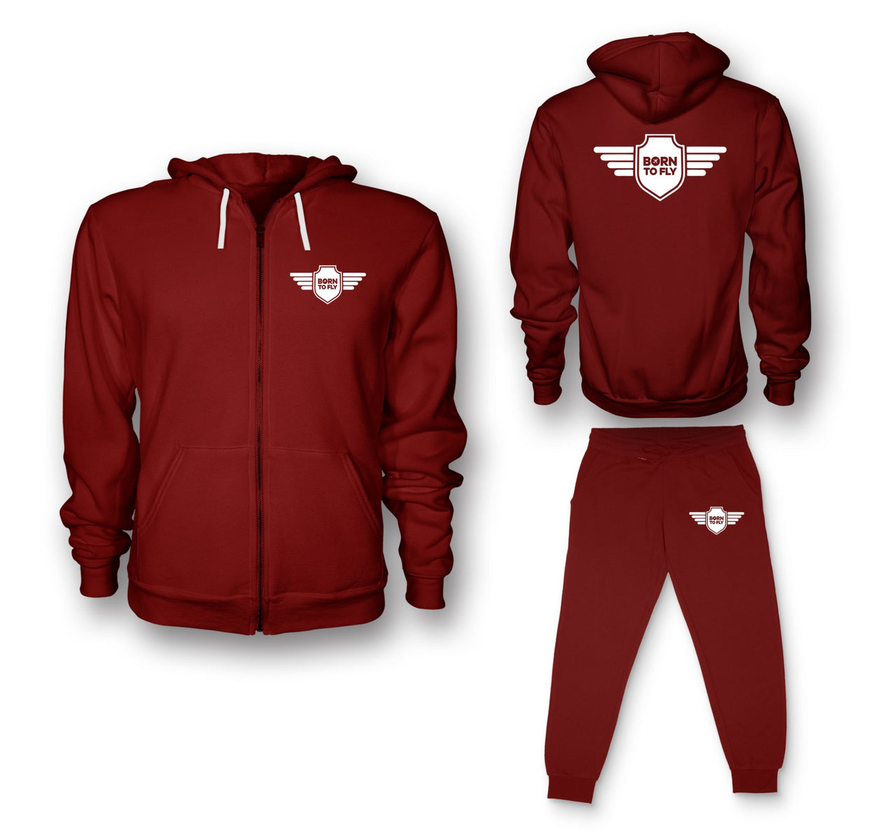 Born To Fly & Badge Designed Zipped Hoodies & Sweatpants Set