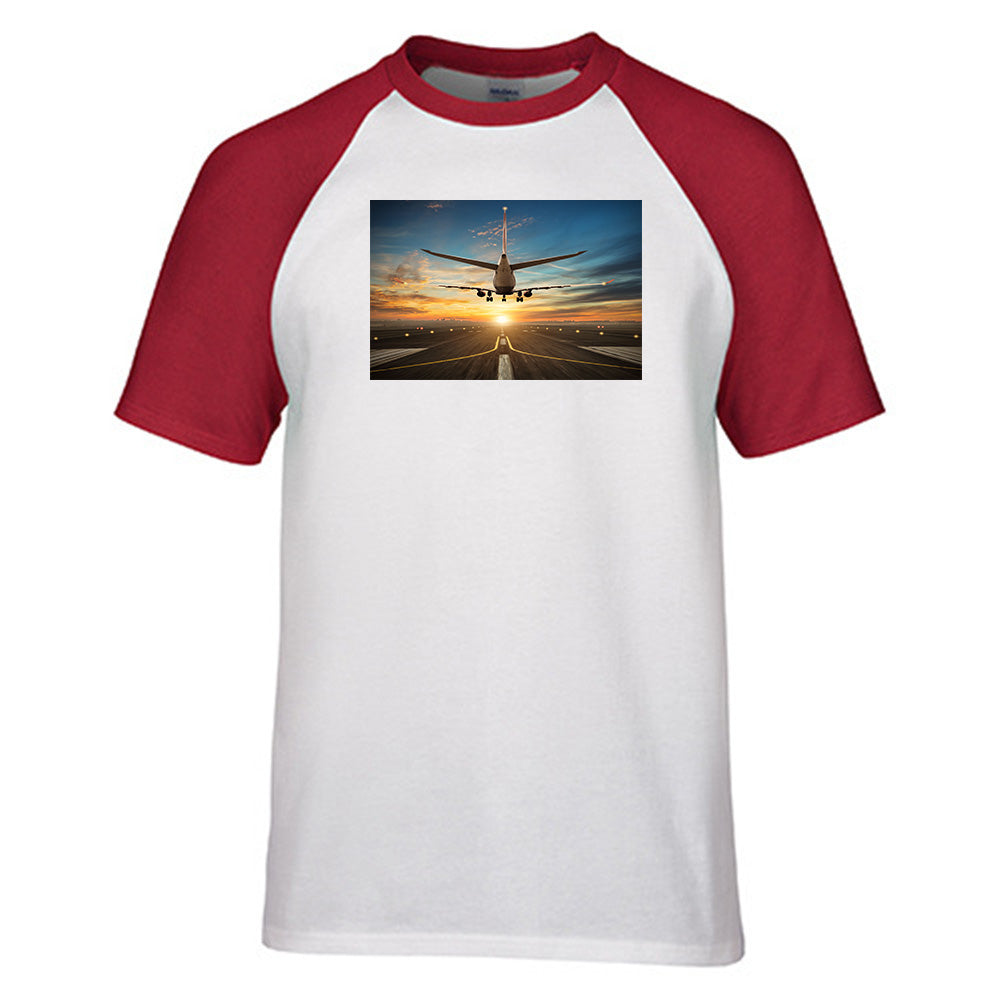 Airplane over Runway Towards the Sunrise Designed Raglan T-Shirts