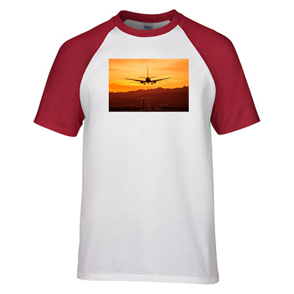 Landing Aircraft During Sunset Designed Raglan T-Shirts