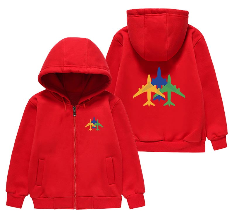 Colourful 3 Airplanes Designed "CHILDREN" Zipped Hoodies