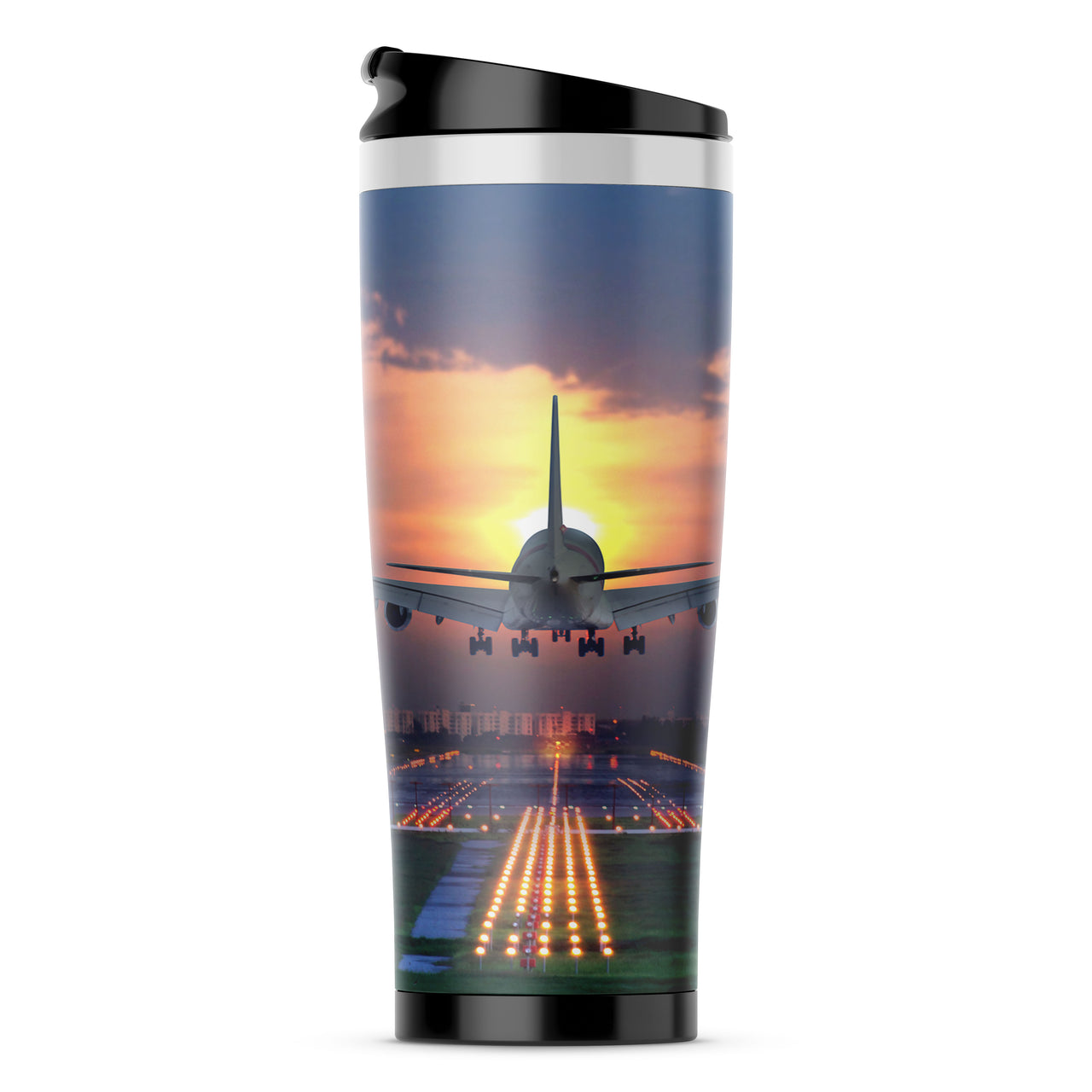 Super Airbus A380 Landing During Sunset Designed Travel Mugs