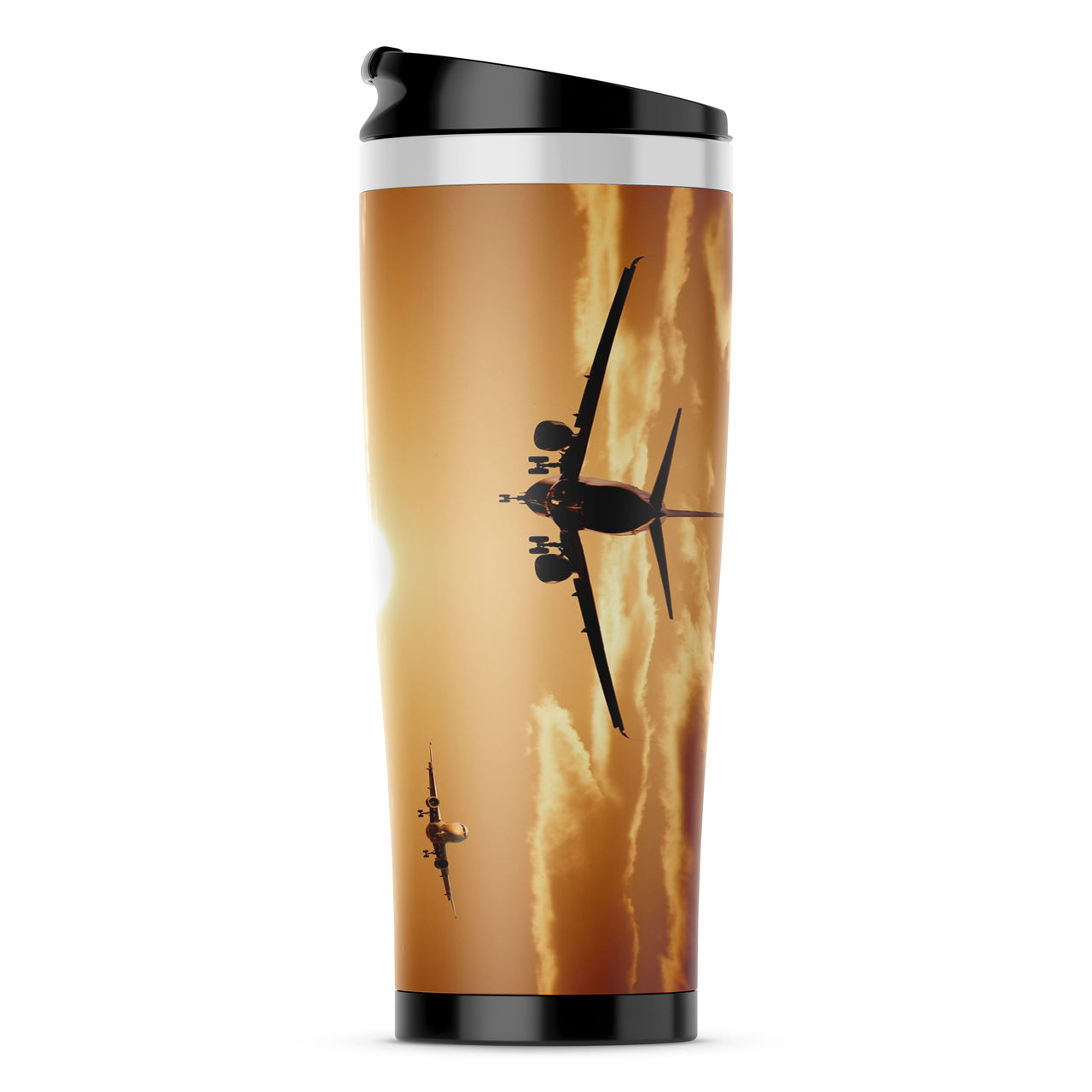 Two Aeroplanes During Sunset Designed Travel Mugs