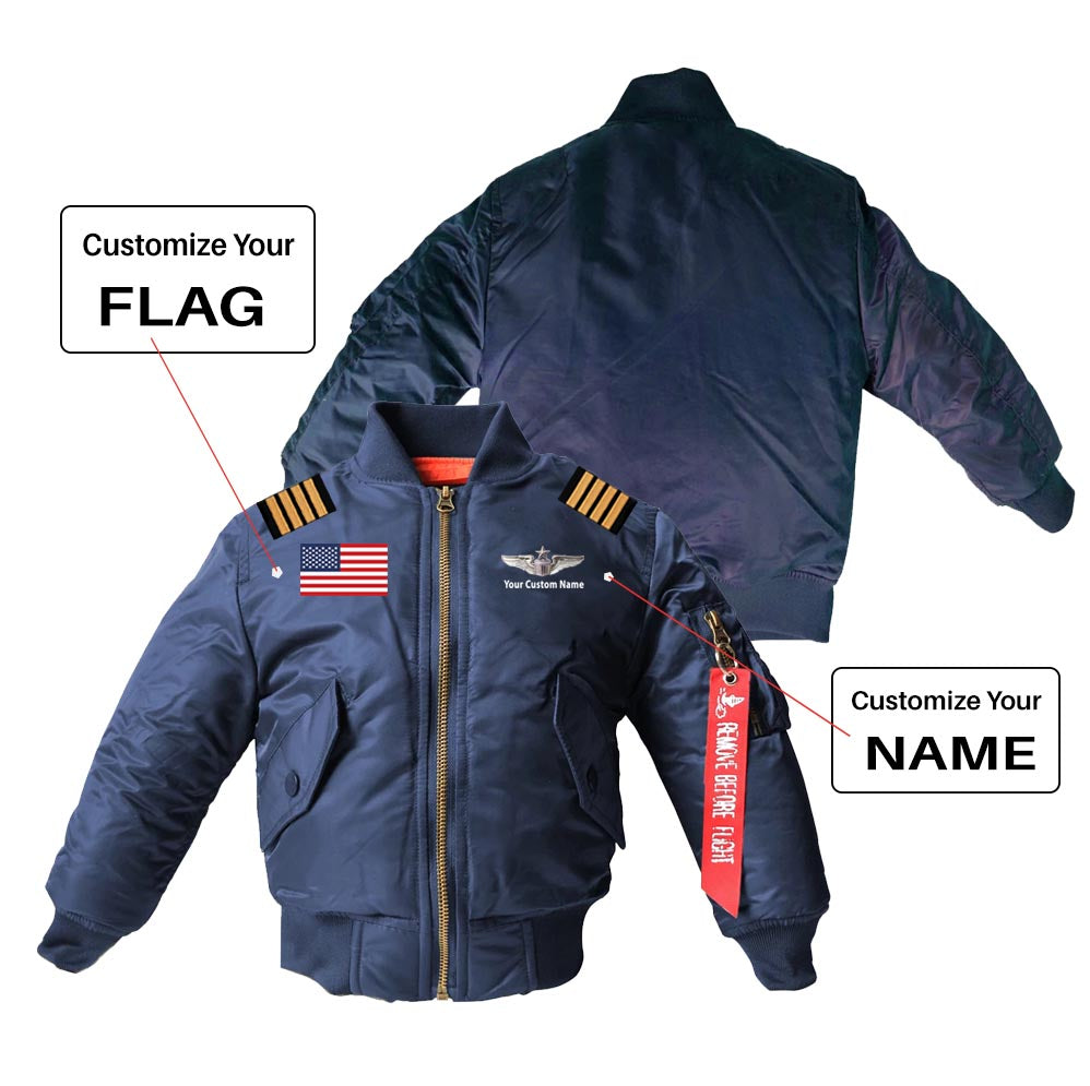 Custom Flag & Name "US Air Force & Star" & Epaulettes Children Bomber Jackets