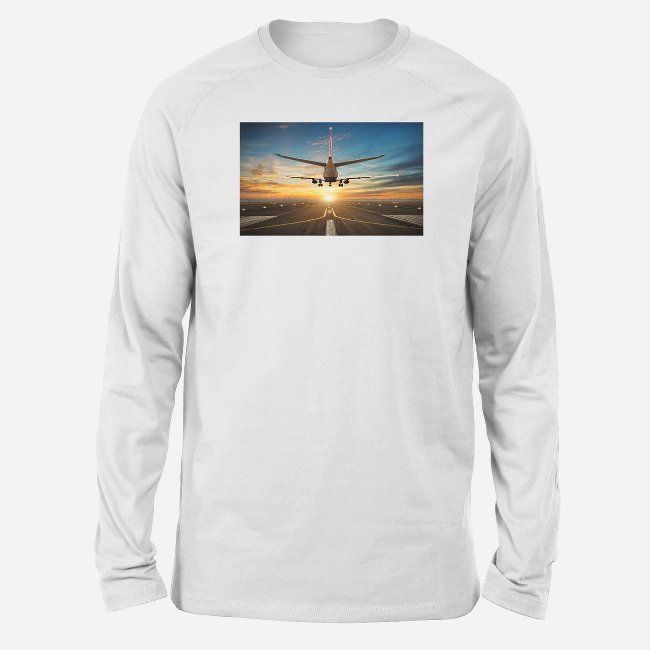 Airplane over Runway Towards the Sunrise Designed Long-Sleeve T-Shirts