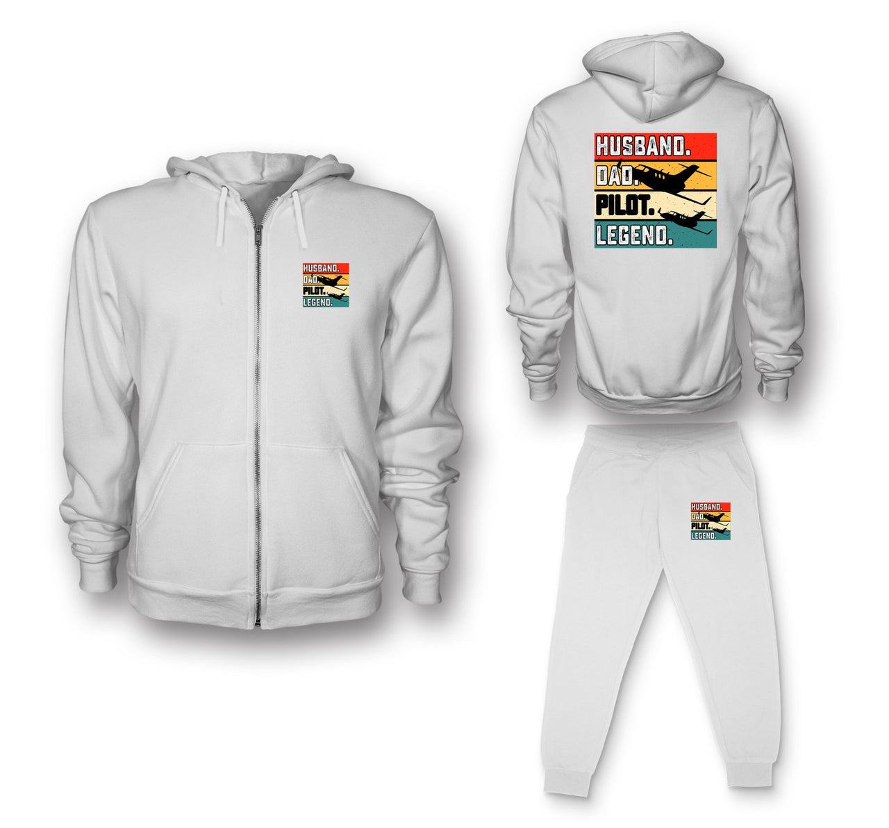 Husband & Dad & Pilot & Legend Designed Zipped Hoodies & Sweatpants Set