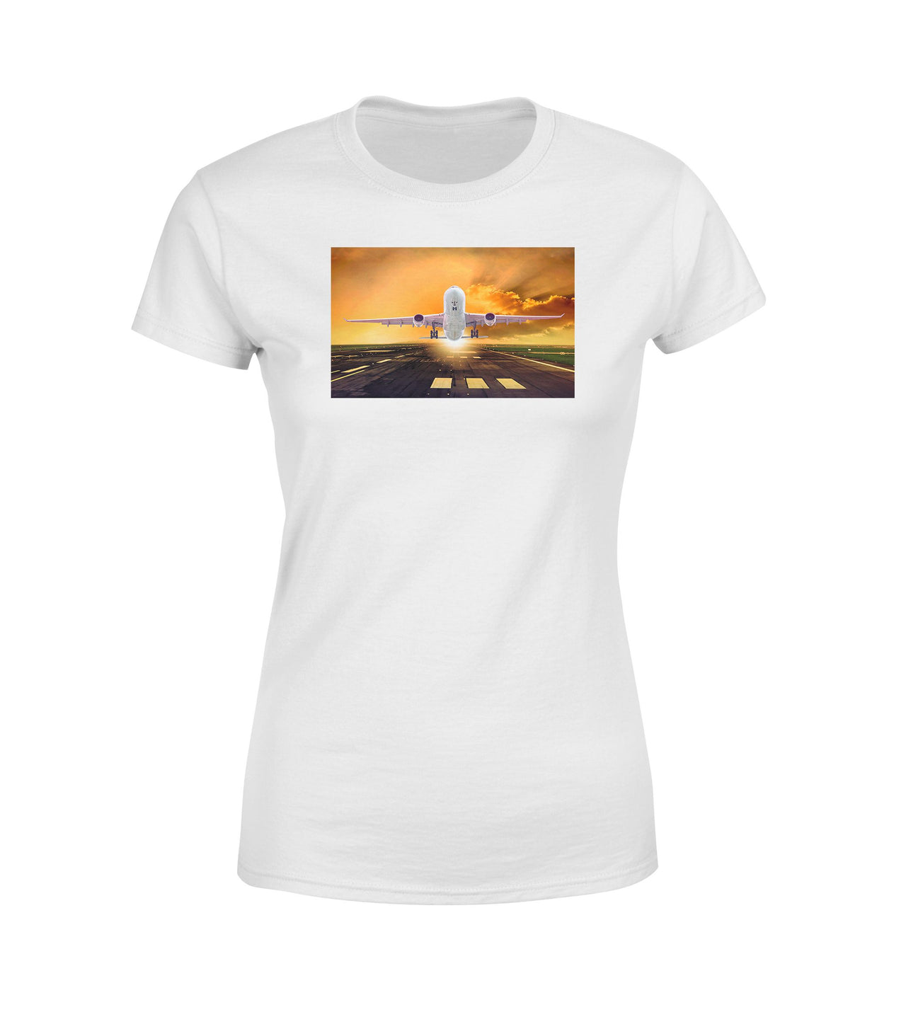 Amazing Departing Aircraft Sunset & Clouds Behind Designed Women T-Shirts