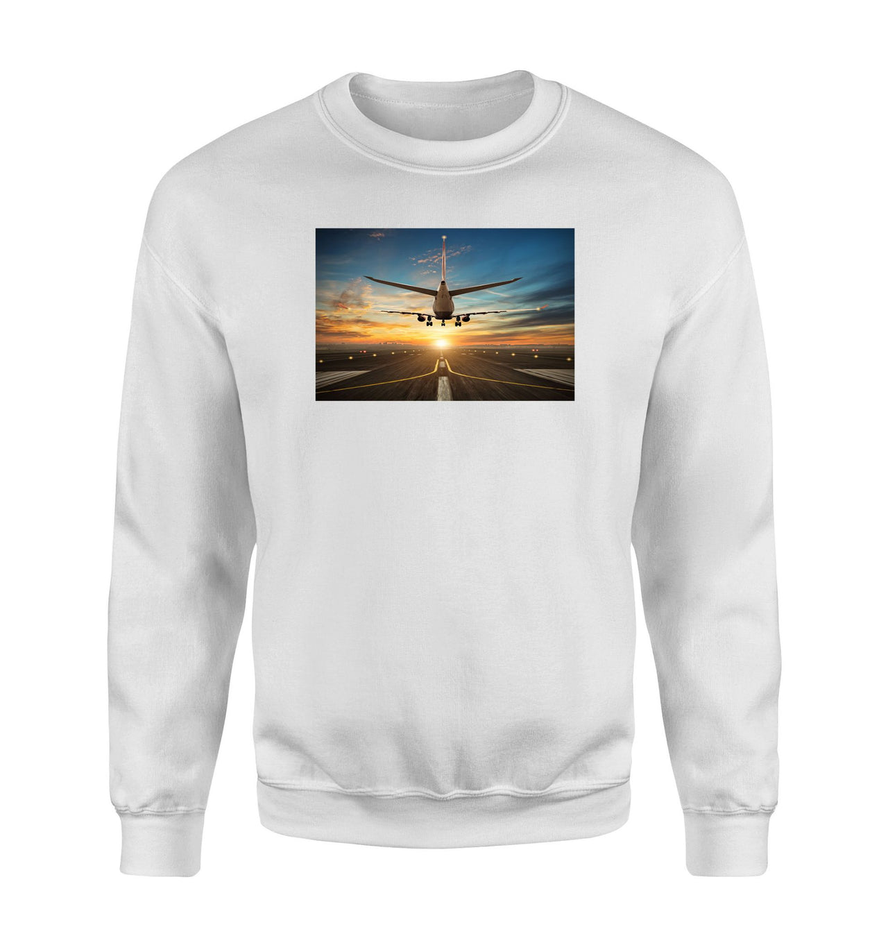 Airplane over Runway Towards the Sunrise Designed Sweatshirts