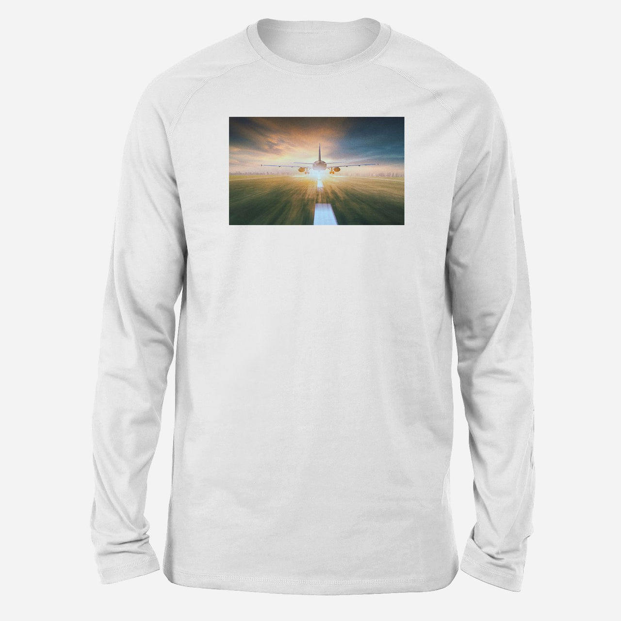 Airplane Flying Over Runway Designed Long-Sleeve T-Shirts