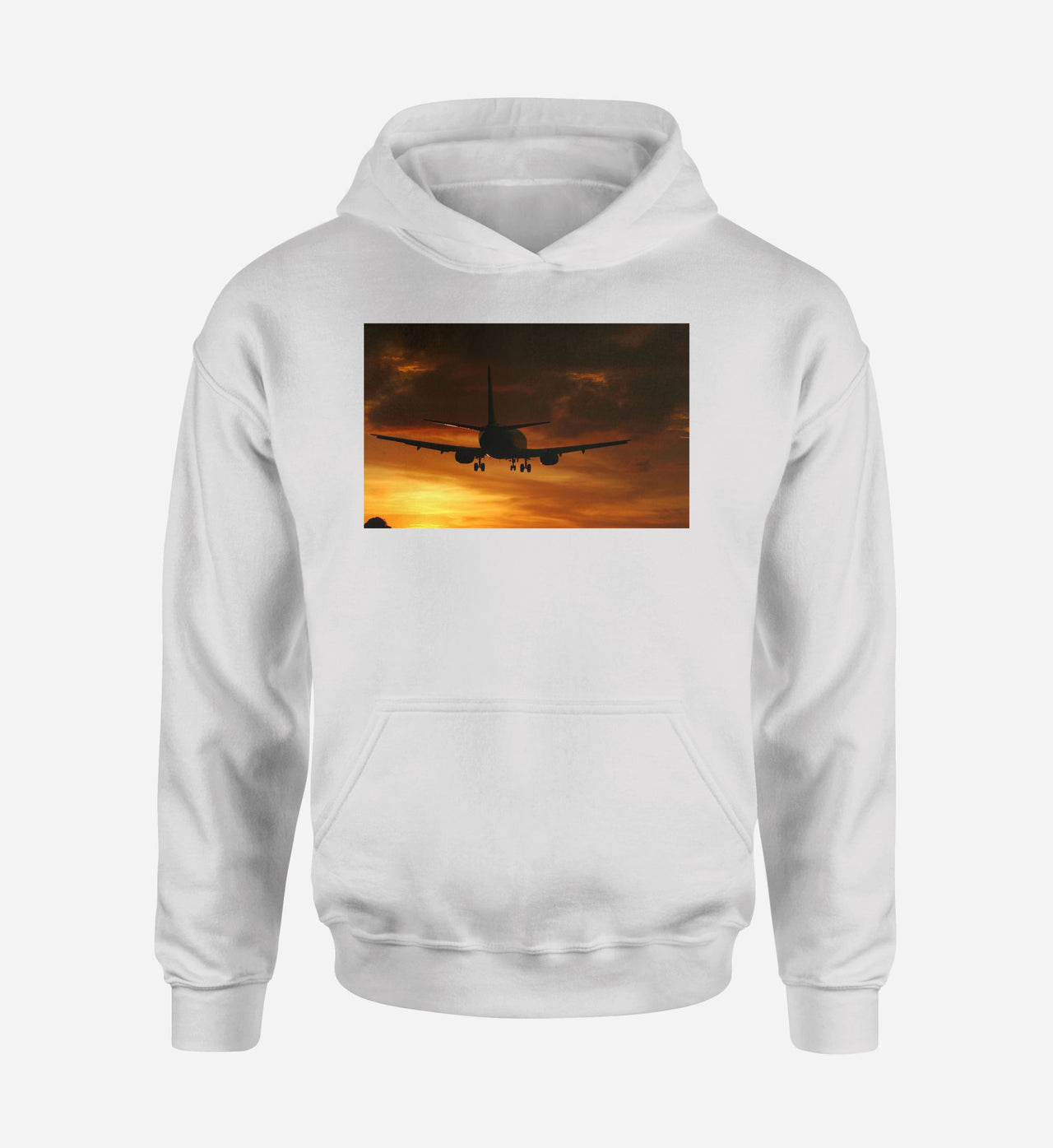 Beautiful Aircraft Landing at Sunset Designed Hoodies