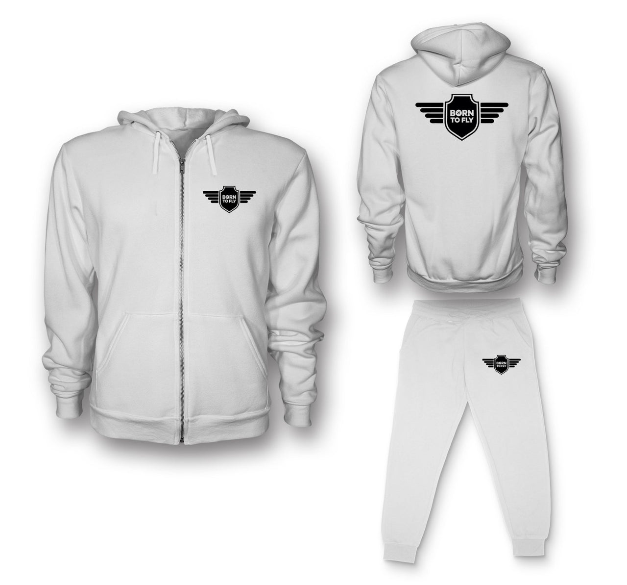 Born To Fly & Badge Designed Zipped Hoodies & Sweatpants Set