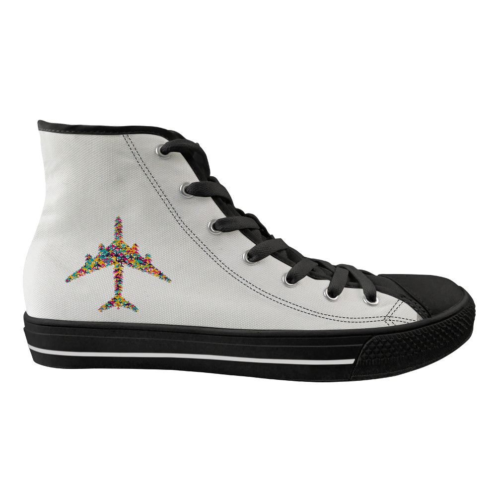 Colourful Airplane Designed Long Canvas Shoes (Men)