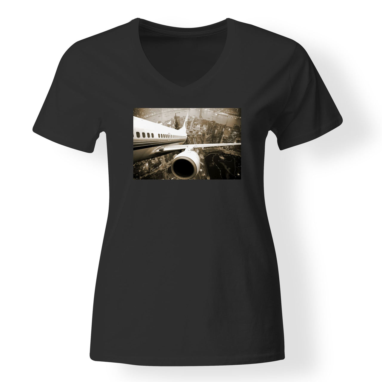 Departing Aircraft & City Scene behind Designed V-Neck T-Shirts