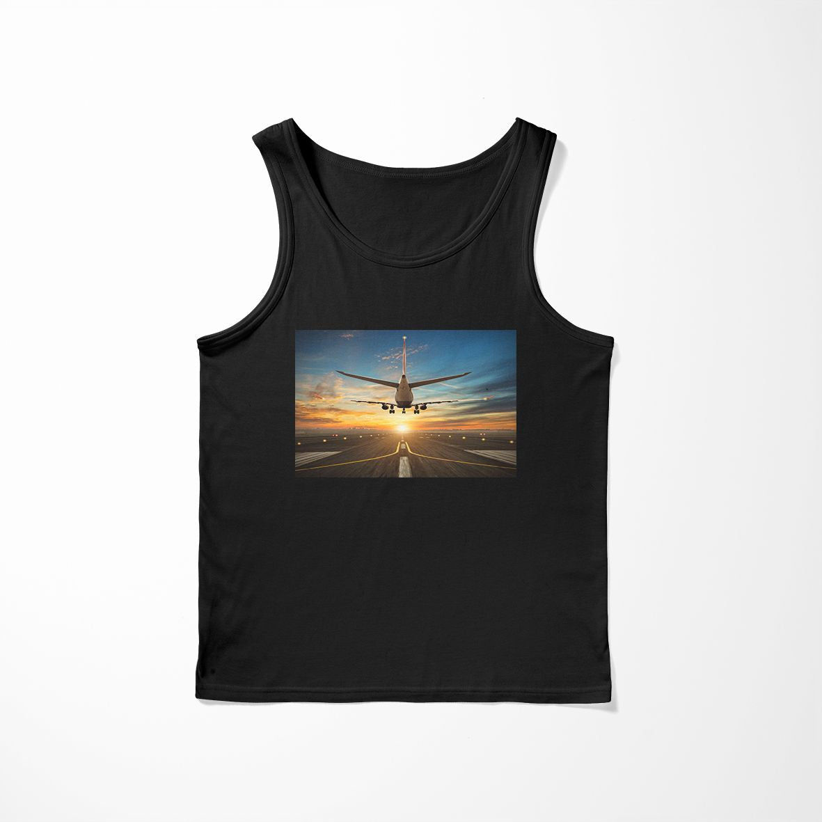 Airplane over Runway Towards the Sunrise Designed Tank Tops