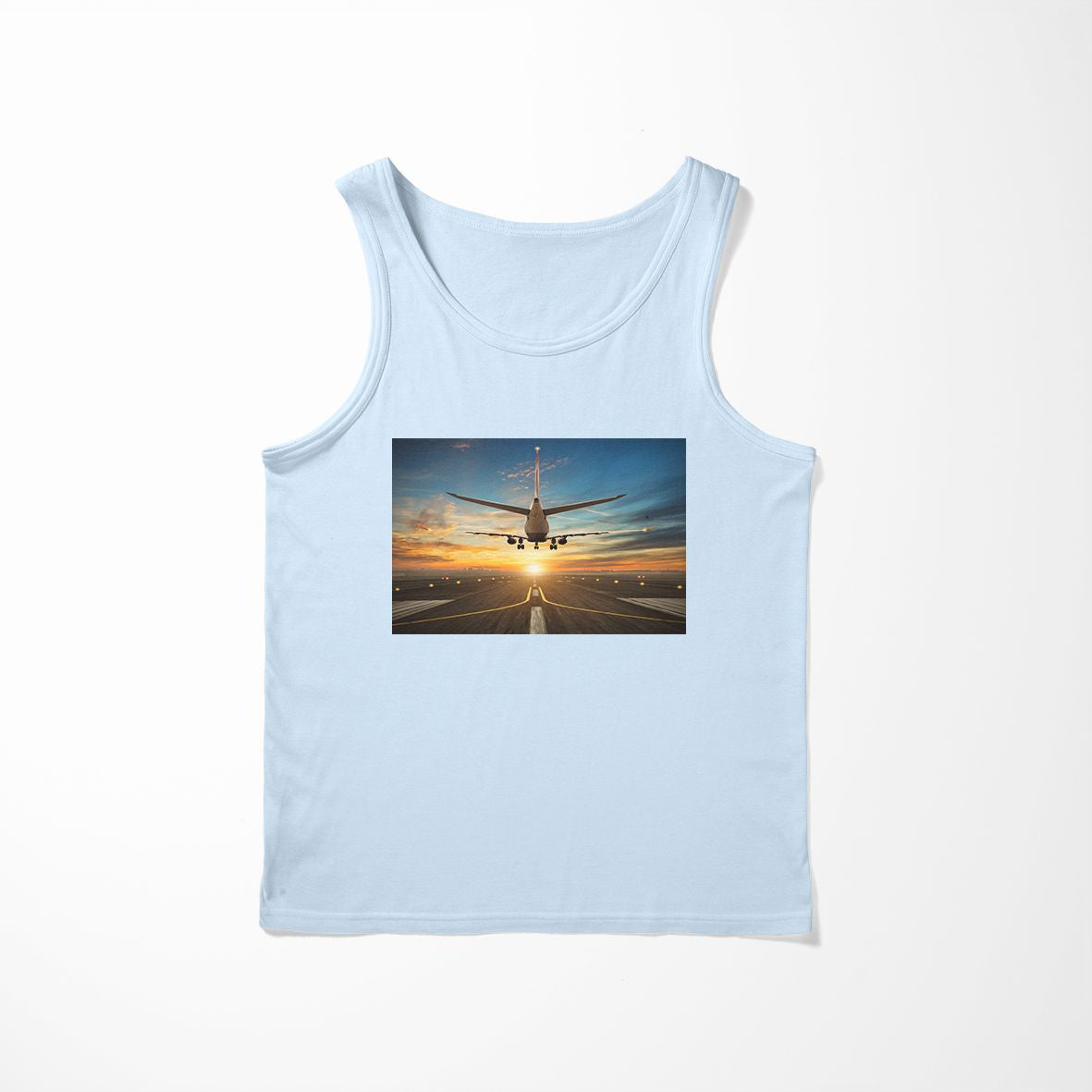 Airplane over Runway Towards the Sunrise Designed Tank Tops