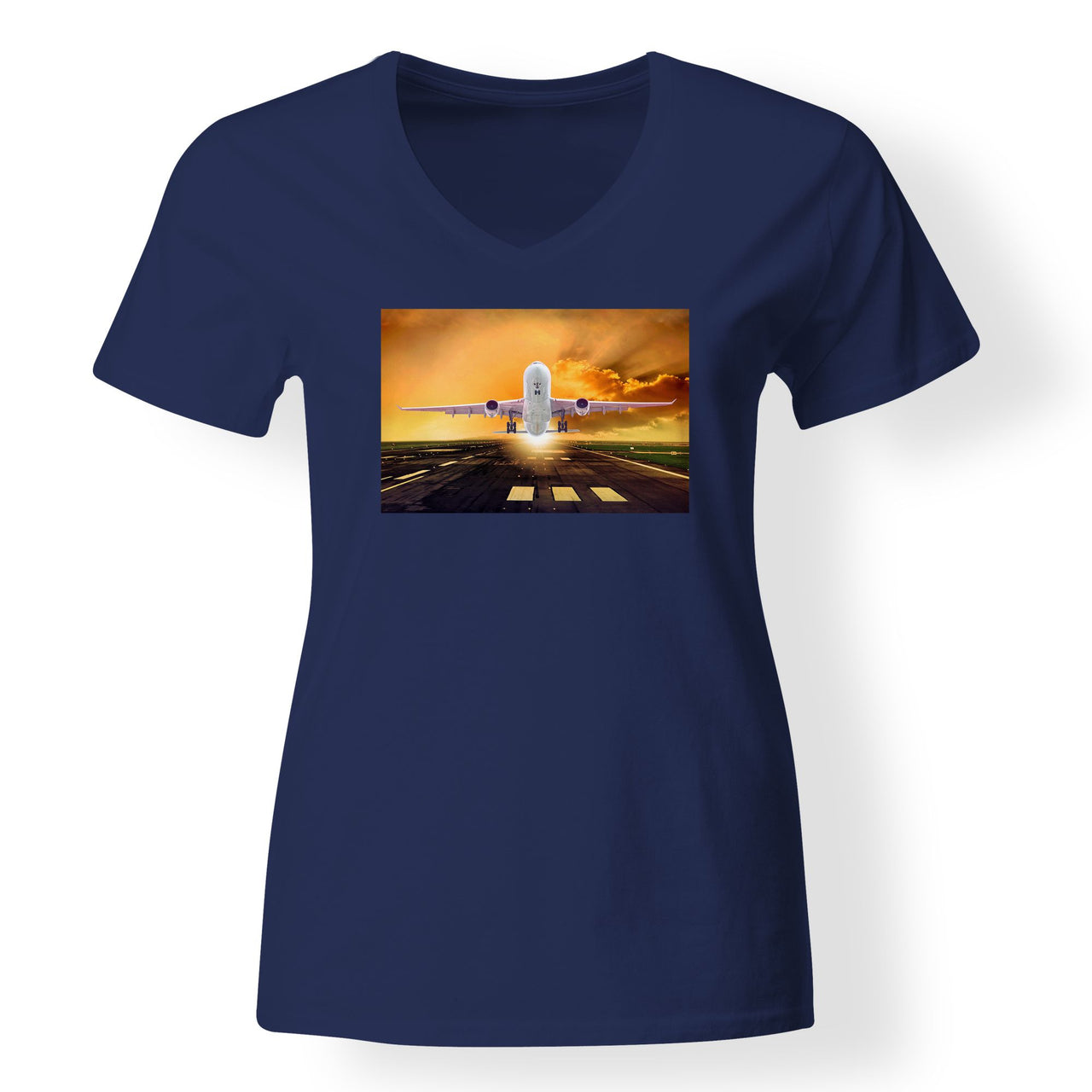 Amazing Departing Aircraft Sunset & Clouds Behind Designed V-Neck T-Shirts