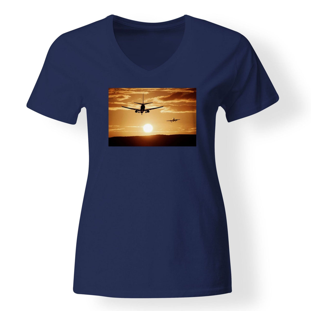 Two Aeroplanes During Sunset Designed V-Neck T-Shirts