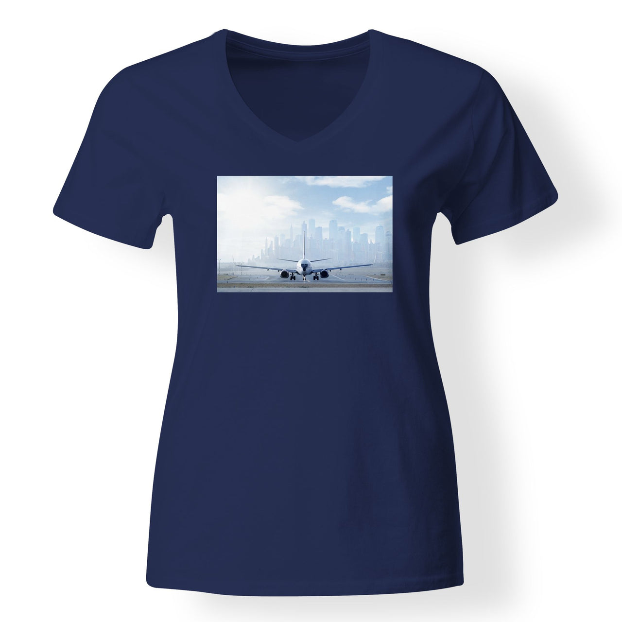 Boeing 737 & City View Behind Designed V-Neck T-Shirts