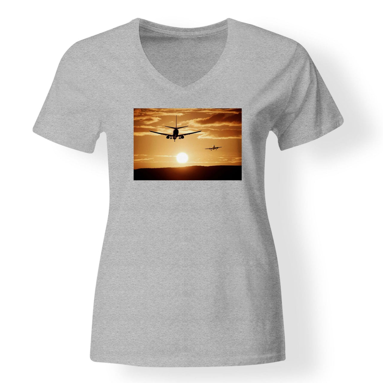 Two Aeroplanes During Sunset Designed V-Neck T-Shirts