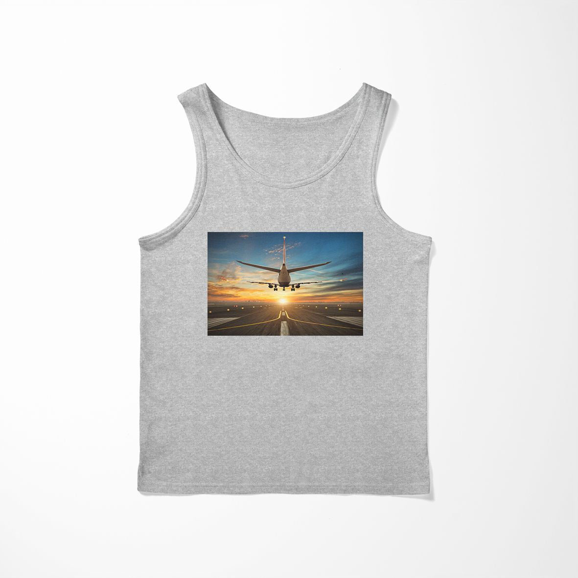 Airplane over Runway Towards the Sunrise Designed Tank Tops