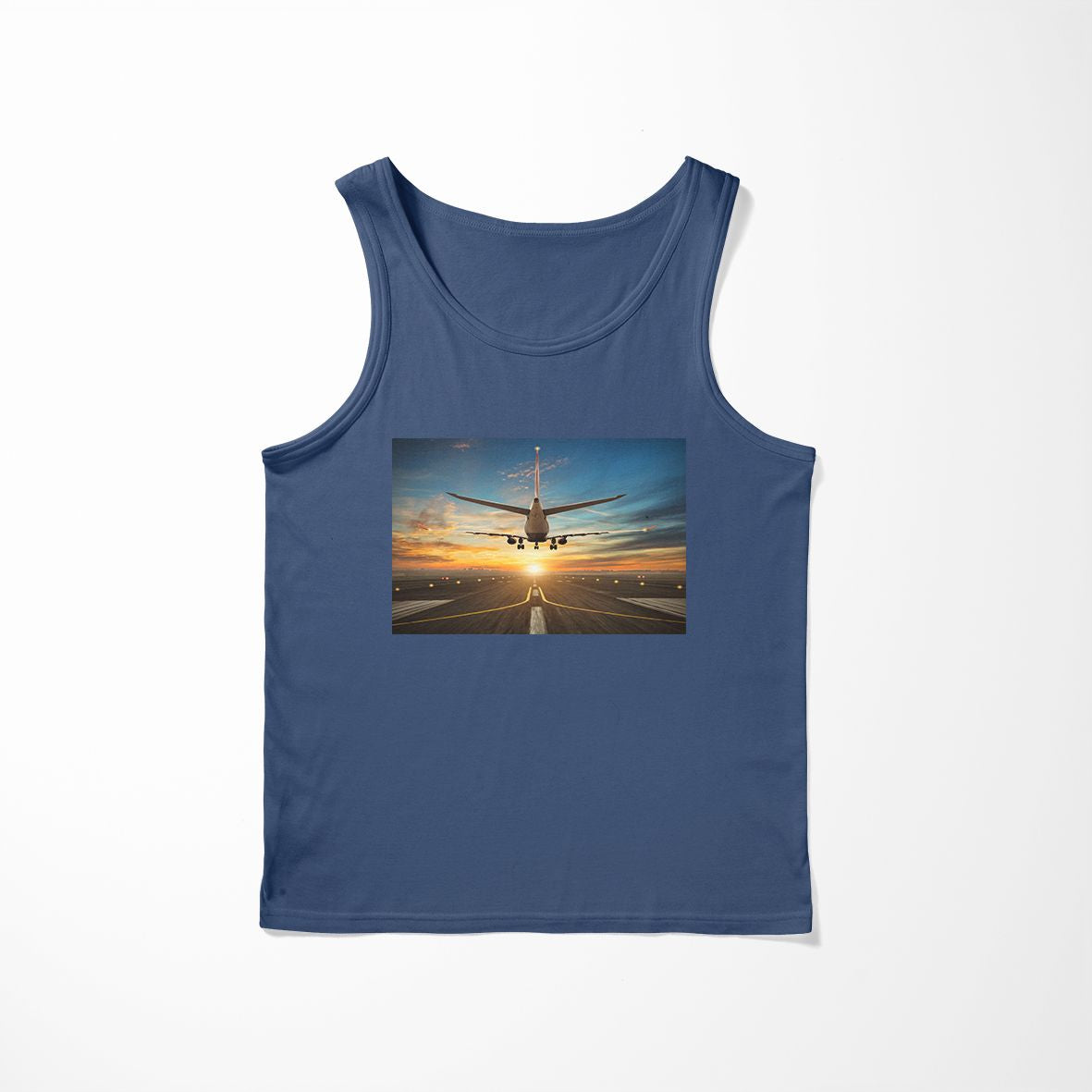 Airplane over Runway Towards the Sunrise Designed Tank Tops