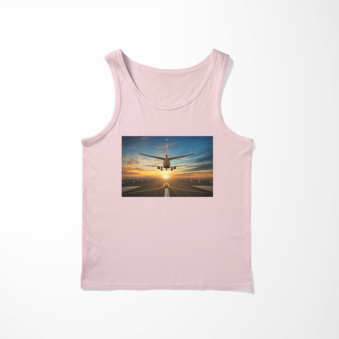 Airplane over Runway Towards the Sunrise Designed Tank Tops